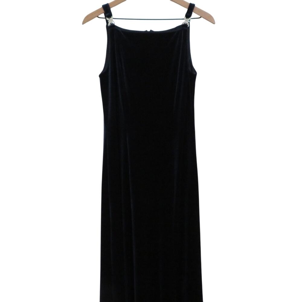 Vintage Navy Blue Velvet Velour Full Length Dress Silver Detail